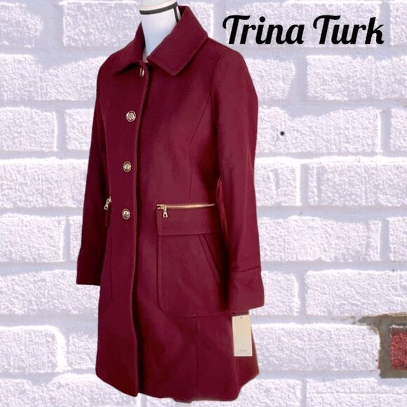 TRINA TURK NWT WOMENS HOPE BUTTON WOOL BLEND COAT JACKET OXBLOOD COLOR SIZE 4 - Picture 2 of 7